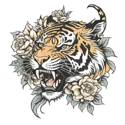 Fierce Tiger With Flowers Surrounding