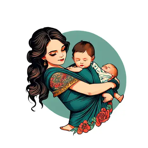 A Woman Holding A Baby In A Sling
