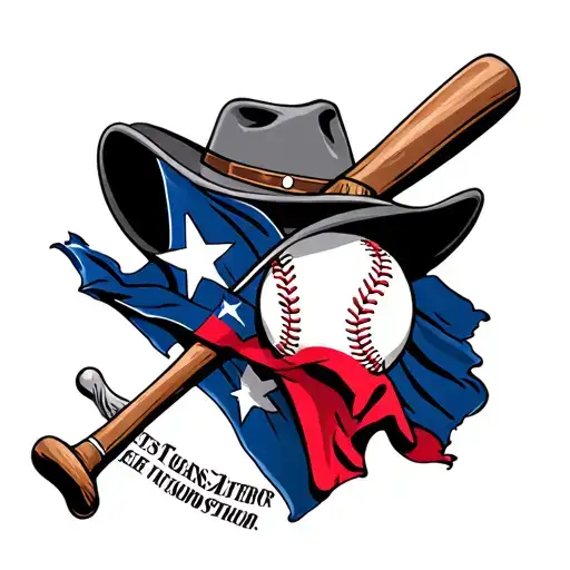 A Realistic Black And Grey Tattoo Of A Cowboy Hat With A Baseball Bat And A Texas Flag Intertwined