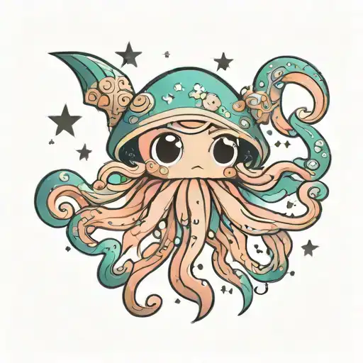 Chibi Squid Anime Style Pastel Colors And Stars