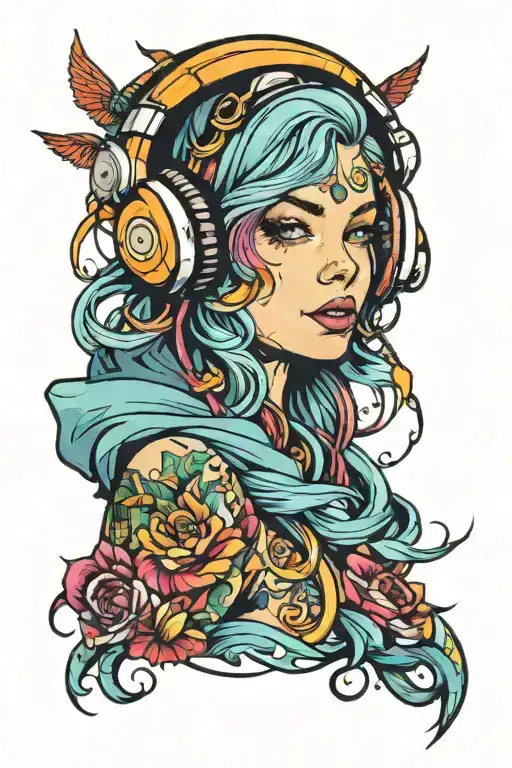 Colorful Art Of A Girl With Headphones Enjoying Music