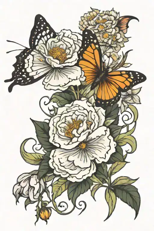 Marigold Flowers And Cosmos Flowers And Roses Intertwining With Butterfly