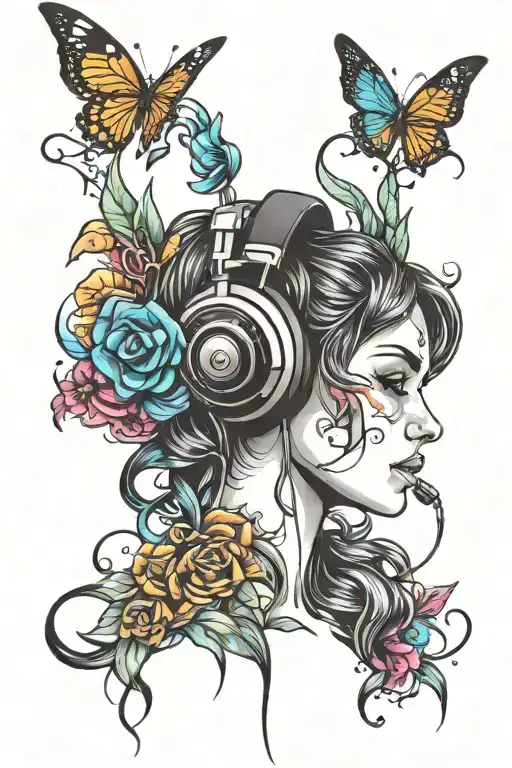 Colorful Art For Neotraditional Style Tattoo Of A Young Woman With Headphones Enjoying Music