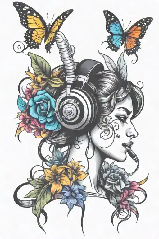 Colorful Art For Neotraditional Style Tattoo Of A Young Woman With Headphones Enjoying Music
