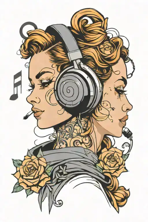 Young Woman With Headphones Enjoying Music Note