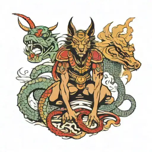 Khepri Surrounded By A Chinese Dragon And Wolf
