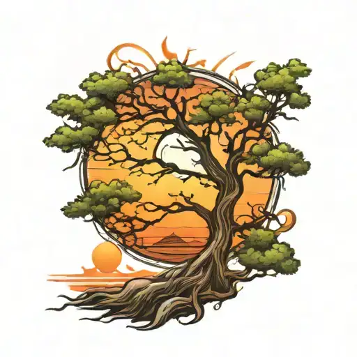 Large Tree And Sun Setting