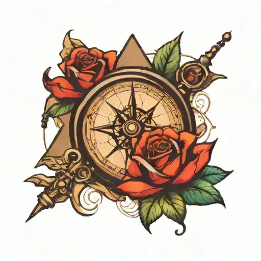 Compass With Hourglass Wrapped With Rose Vine