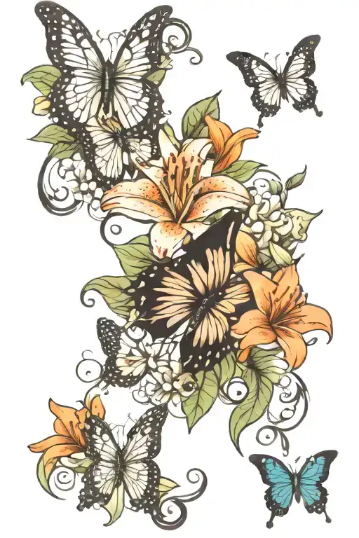Lilies Butterflies Mandela Design With Elements