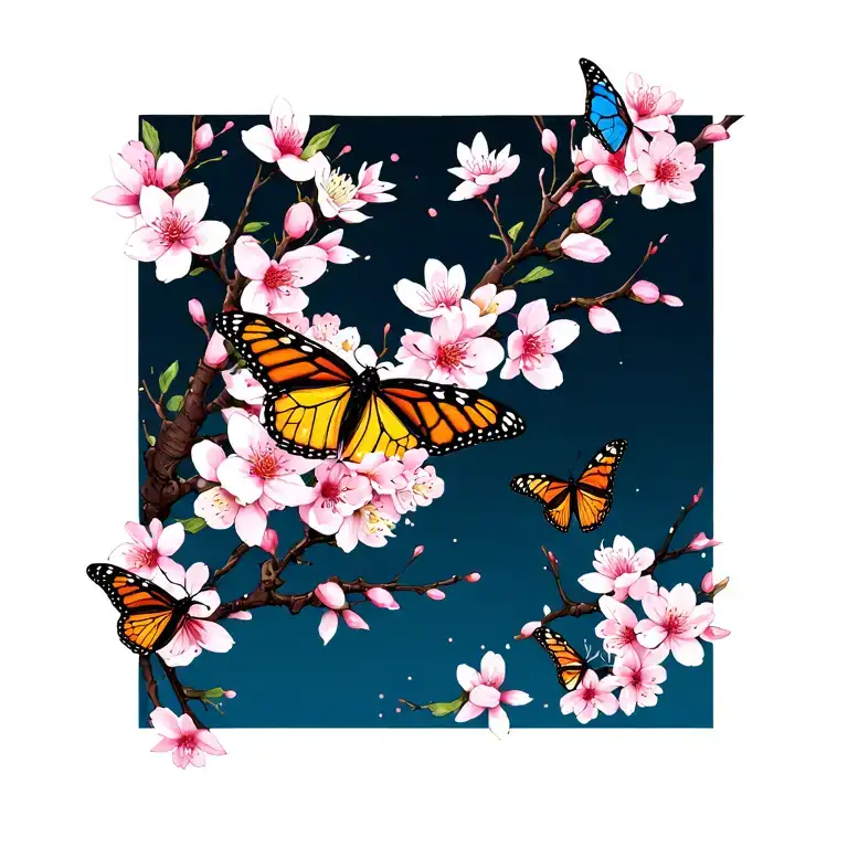 Japanese Cherry Blossoms With Monarch Butterflies