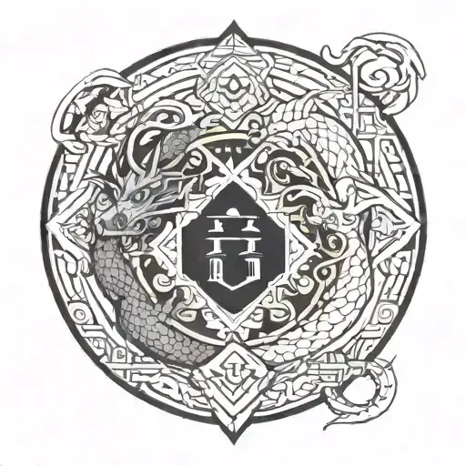 Geometrical Shapes Surrounding Hart And Chinese Dragon All Black