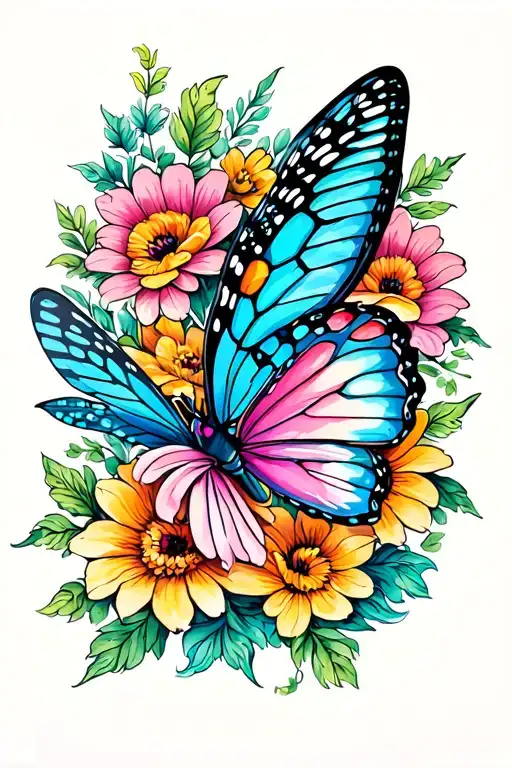 Butterfly And Flowers Intertwined