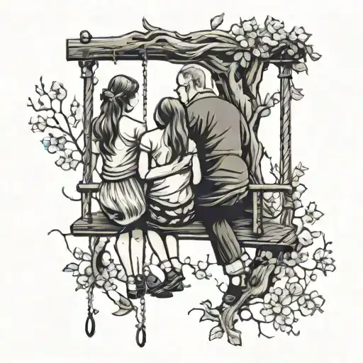 Father And Daughters Talking With Their Backs Turned On A Swing