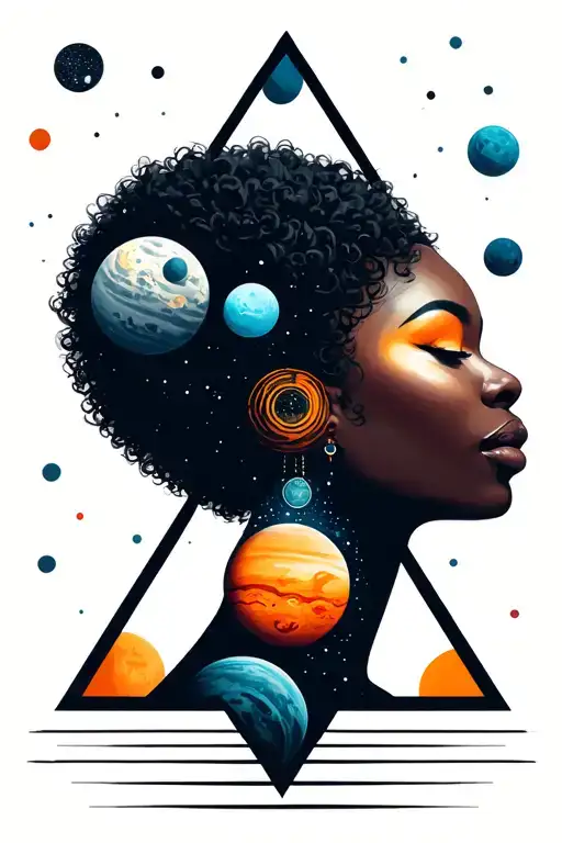 Afro-futuristic Woman Face With Planets Or Moons Inside 3 Triangles