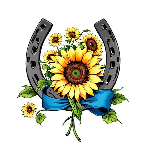 Fine Line Horseshoe With Sunflowers And A Blue Ribbon Intertwined