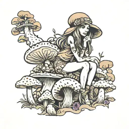 Hippie Girl Sitting On Top Of Mushroom Growing