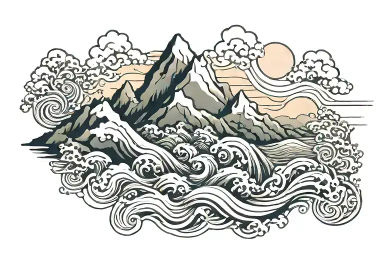Waves Flowing River Mountain Range With A Hidden Symbols Representing Wabi Sabi