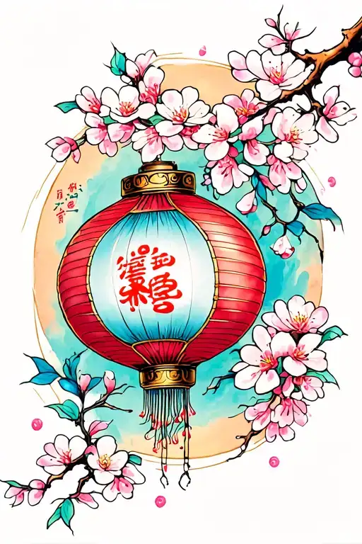 Chinese Lantern And Jellyfish And Cherry Blossom Branch