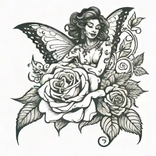 Rose With Leave Vine And African American Fairy Sitting