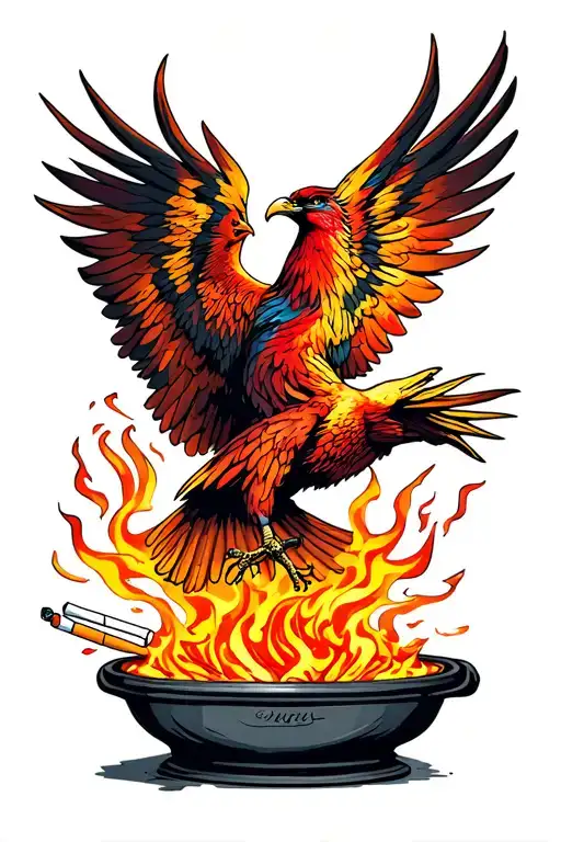 Phoenix Flying Out Of An Ashtray With Burning Cigarettes