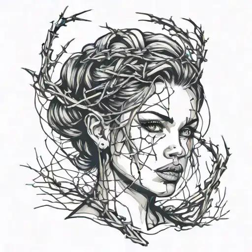 Face Of A Beautiful Girl With Barbed Wire On Her Forehead