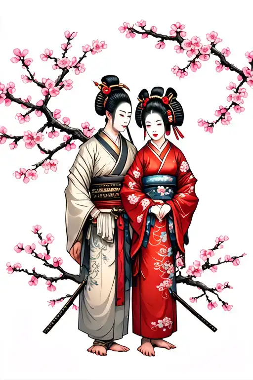 Samurai And Geisha With Cherry Blossom Background