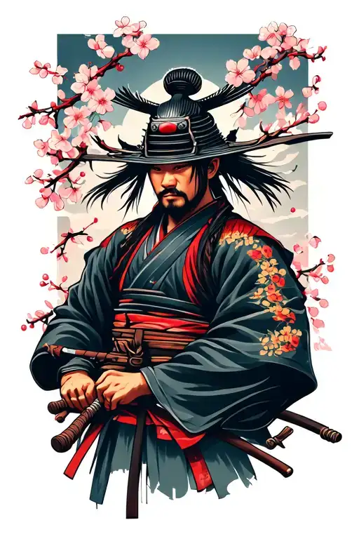 Samurai With Cherry Blossom Background