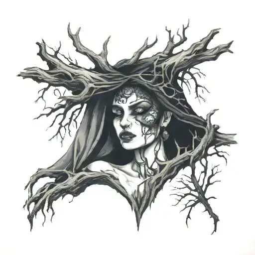 Woman With Black Veil Stuck In Dead Tree