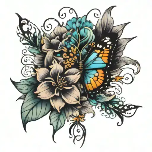 Flower Spine Tattoo With Butterflies