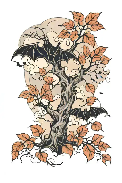 Tree With No Leaves And Bats Cloudy Background Black