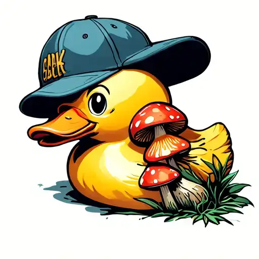 Rubber Duck Eating Mushrooms Wearing Backwards Ball Cap