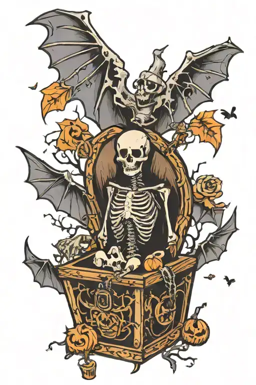 Coffin Skeleton Bats Flying Spooky Halloween Scene