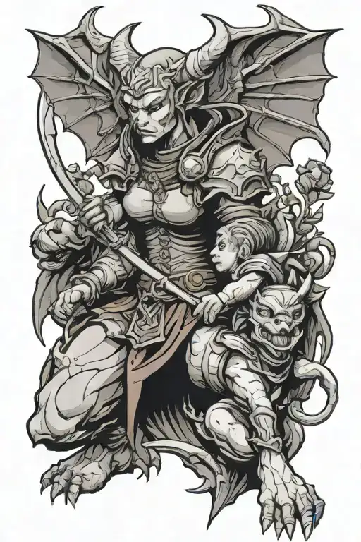 Female Gargoyle Warrior With Her Toddler