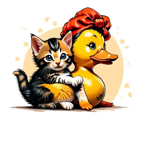 Rosie Riveter Rubber Duck Hugging A Kitten Playing