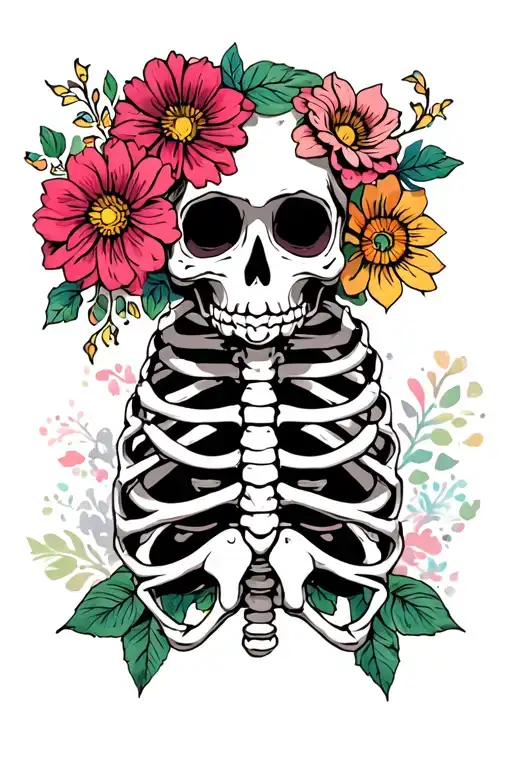 Skeleton Rib Cage With Flowers In A Way That Looks Like Dia De Los Muertos
