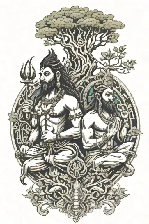 Lord Shiva And Lord Hanuman Mix Tree Of Life