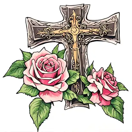 Cross And 3 Roses Under It