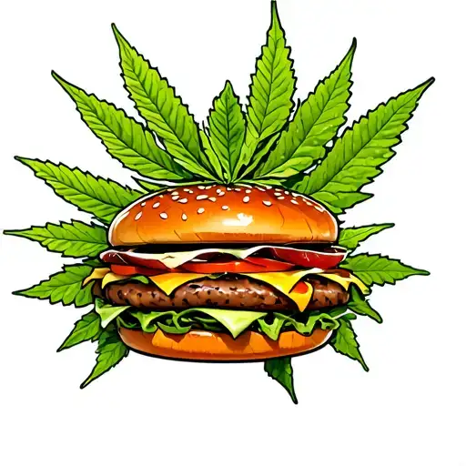 Burger Face Eating Cannabis Leaf Surrounded
