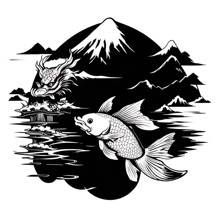 Koi Fish And Mount Fuji Background Black And Japaness Demon Mask