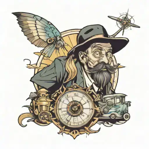 A Tattoo Combining Elements Of Comedy And Travel In A Neotraditional Style