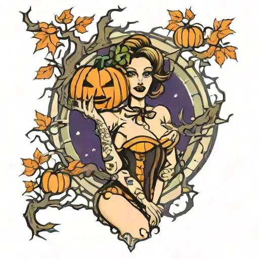 Halloween Tree Pinup Girl Pumpkin