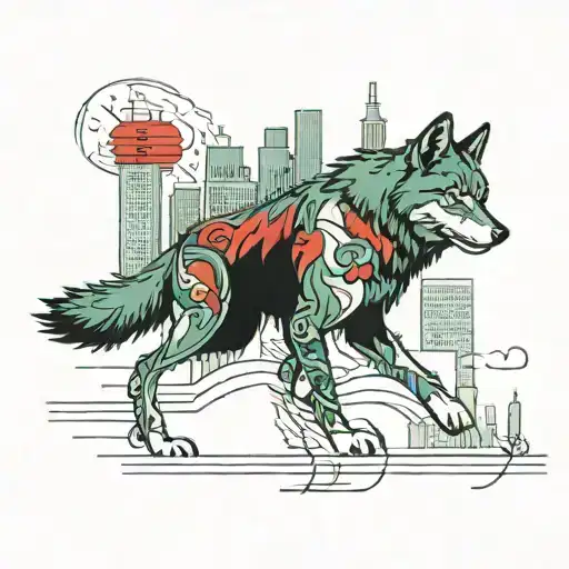 Wolf Walking Through Detroit Cityscape Include Red Black And Green