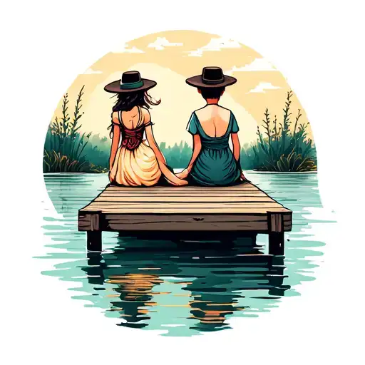 Boy With Hat Girl With Dress Sitting On Dock Extending Into Water