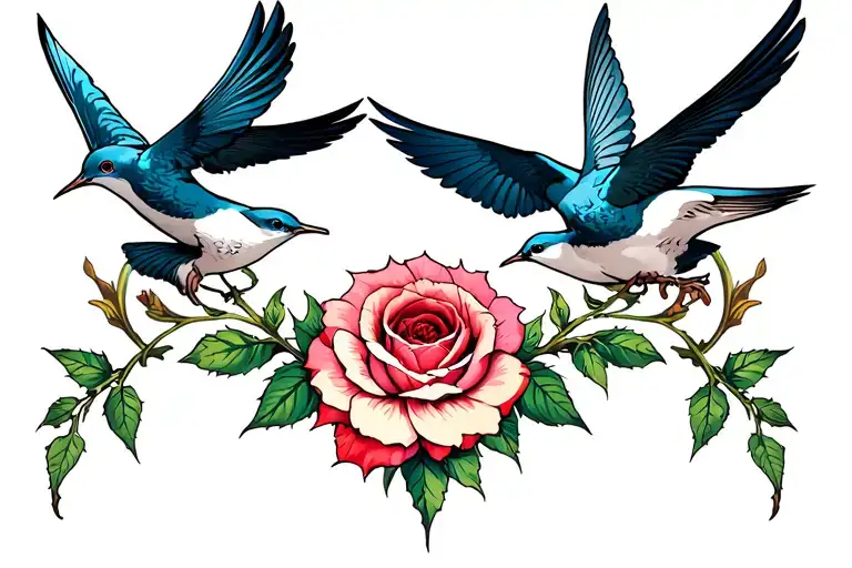 Men Chest Tattoo With Swallows And Prickly Wild Rose