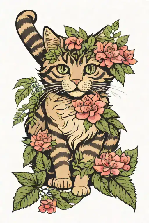 Fluffy Cat With Fern And Azalea