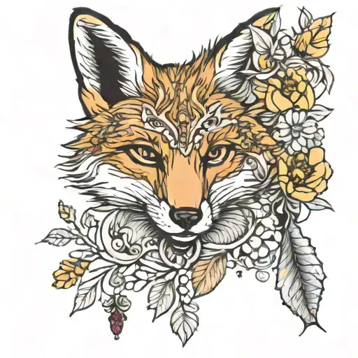 The Full Body Of A Fox In A Boarder Adorned With Rubies Surrounded By Marigolds And Honeybees