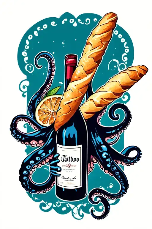Octopus Holding Wine Bottle And Baguette