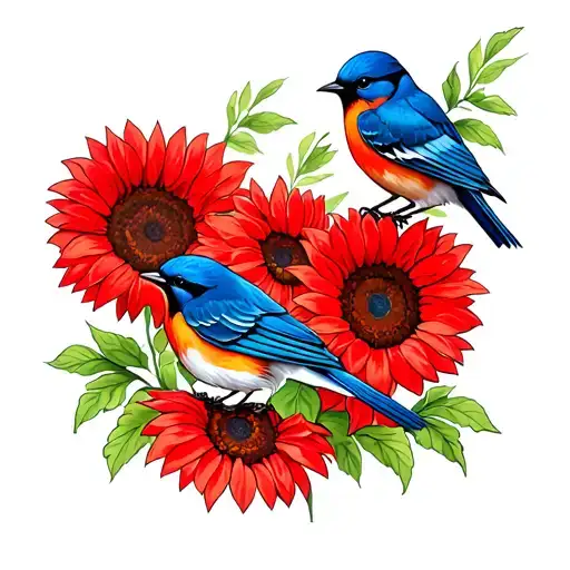 2 Bluebirds With Background Of Red Sunflowers