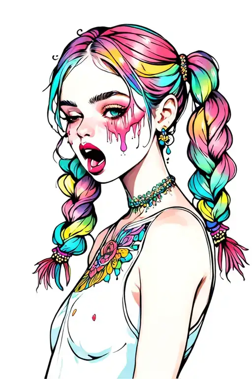 Colorful Girl In Pigtails Drooling Sensual Desire Happiness Trust Love