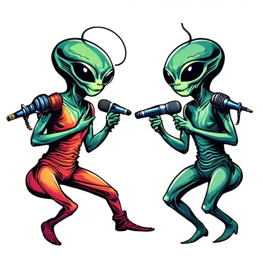 Two Aliens Dancing With Microphones In Hands Pointing